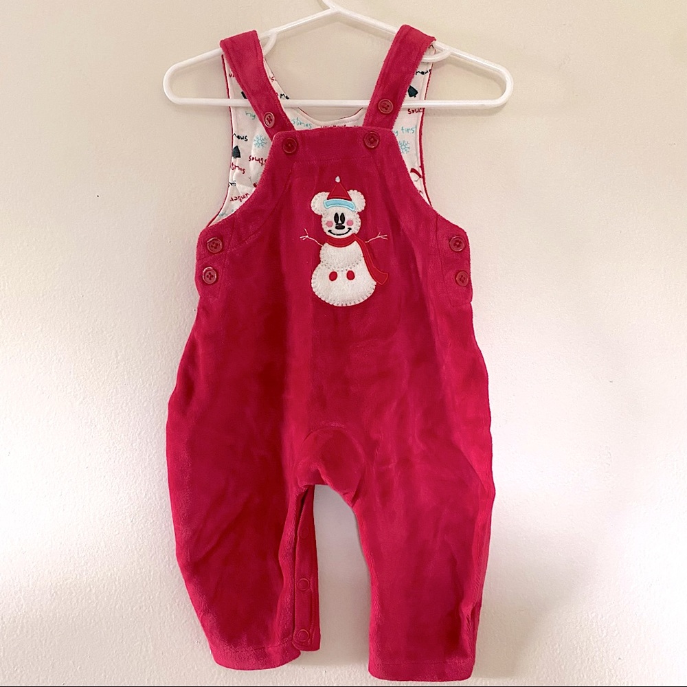 Disney Mickey Mouse Snowman Winter Christmas Holiday Red Velvet Overalls 6M - Picture 1 of 6